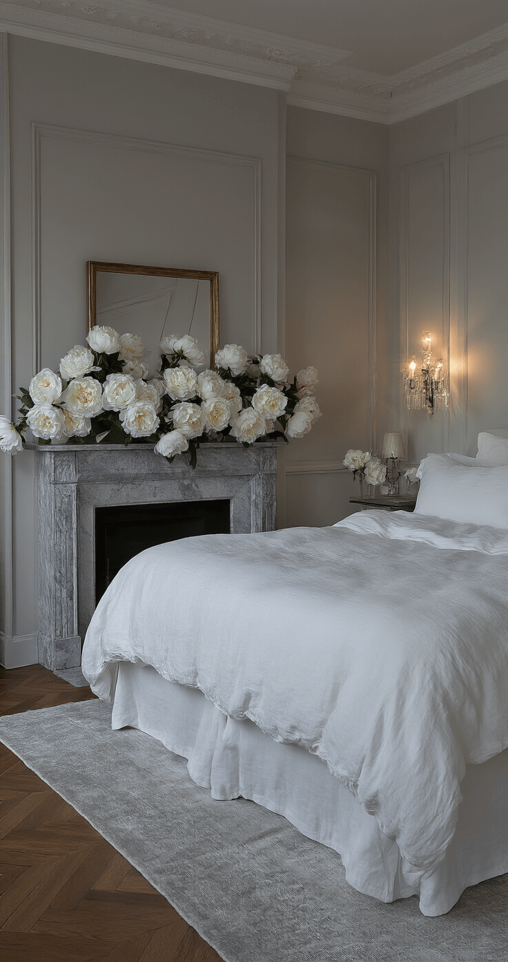 A romantic master bedroom at dusk featuring a four-poster bed with white linens, a grey marble mantle adorned with white peonies, herringbone hardwood floors, and a silvery silk rug, all illuminated by vintage crystal sconces and soft lamp light.