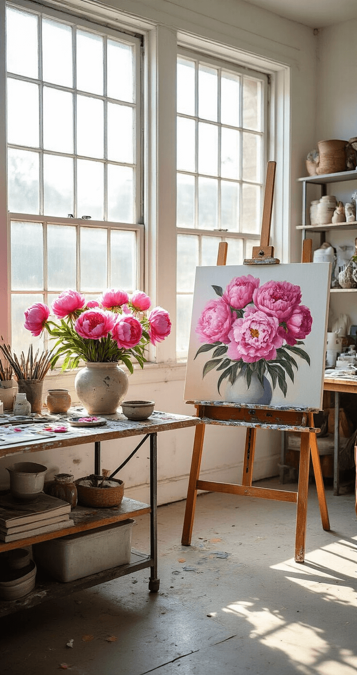 A bright artist's studio featuring oversized windows, hot pink peonies in vintage pottery, a paint-splattered easel with a half-finished painting, and industrial metal shelving with art supplies, captured from above.