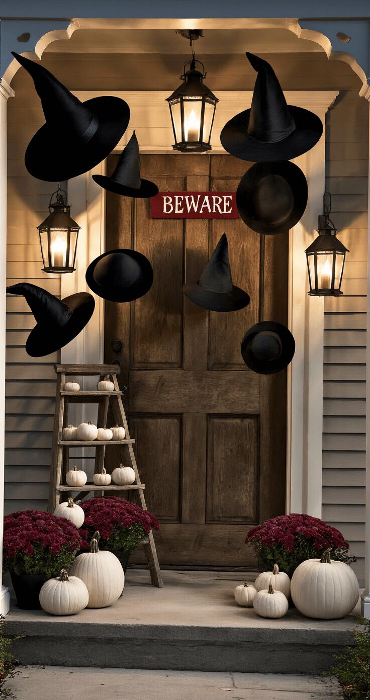 An enchanting night scene of a covered entryway, featuring glowing black flameless candles in wrought iron lanterns, floating matte black witch hats suspended by invisible line, and a wooden front door with a hand-painted 'Beware' sign in dripping red. A rustic wooden ladder decorated with white pumpkins and deep burgundy mums leans against the wall, all captured in a low-angle shot that highlights dramatic shadows and a magical ambiance.