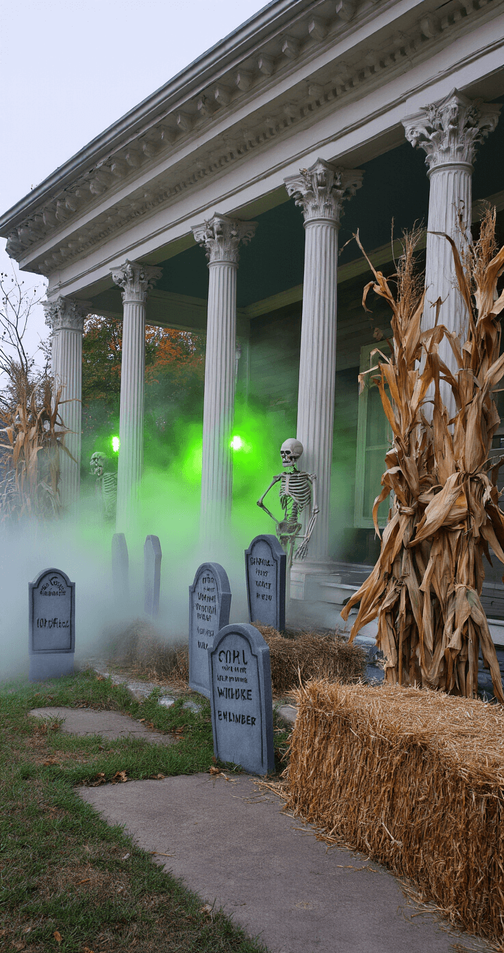 A wide-angle view of a haunted graveyard on a grand wraparound porch at twilight, featuring humorous foam tombstones, mist from a fog machine, eerie green LED lighting, life-sized skeletons, and autumnal decorations like dried cornstalks and hay bales, all enhanced with a slight green color grading.