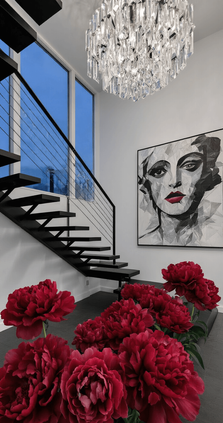 A low-angle shot of a dramatic entrance foyer featuring deep red peonies against white walls, a modern black metal floating staircase, oversized abstract art, and a crystal chandelier casting colorful light patterns.