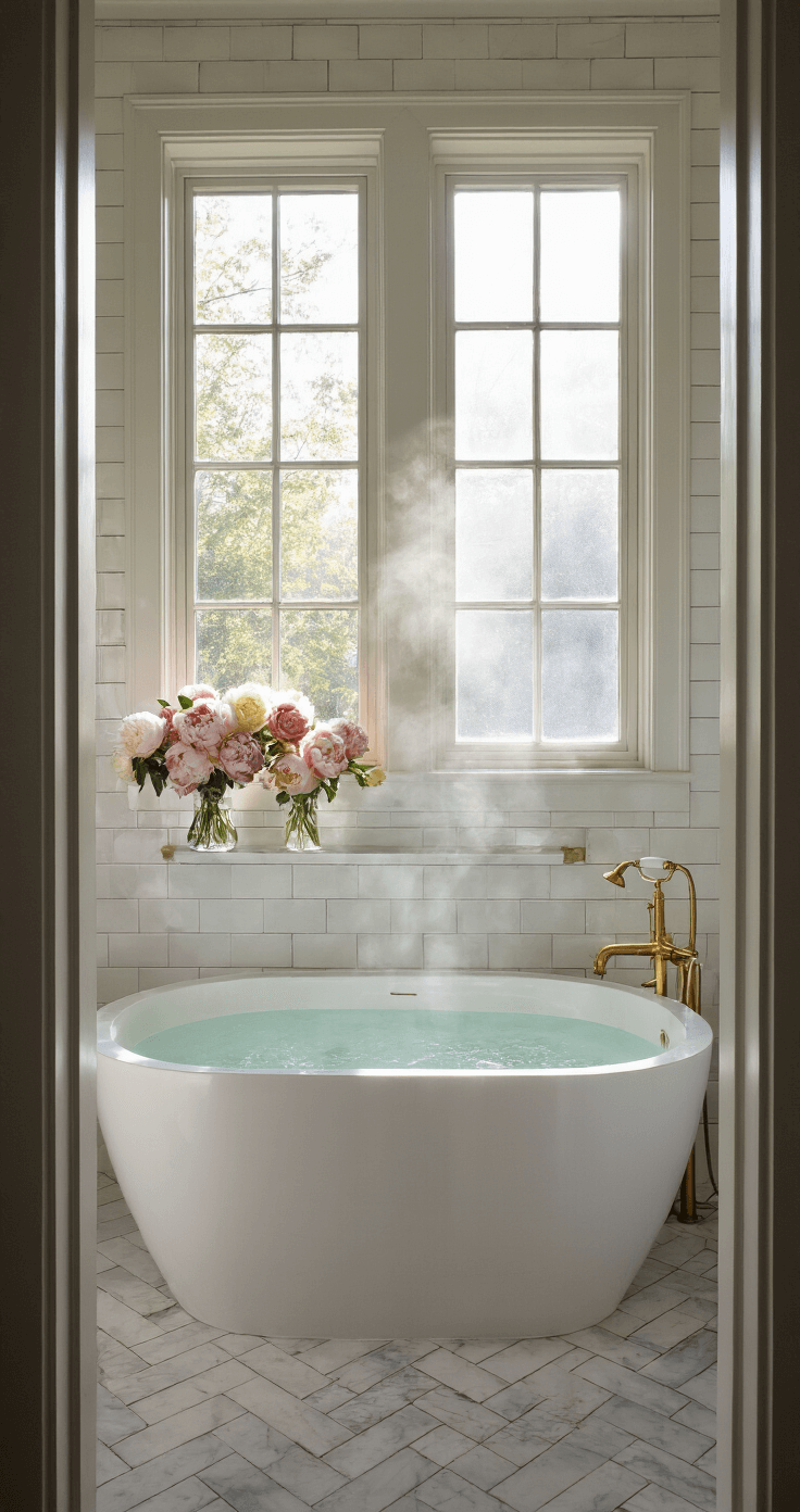 A serene master bathroom bathed in morning light, featuring a freestanding soaking tub beneath a window, a floating shelf adorned with peony arrangements, marble herringbone flooring, white subway tile walls, and elegant brass fixtures, with gentle steam rising in sunbeams, captured through a doorway for a soft, ethereal focus.