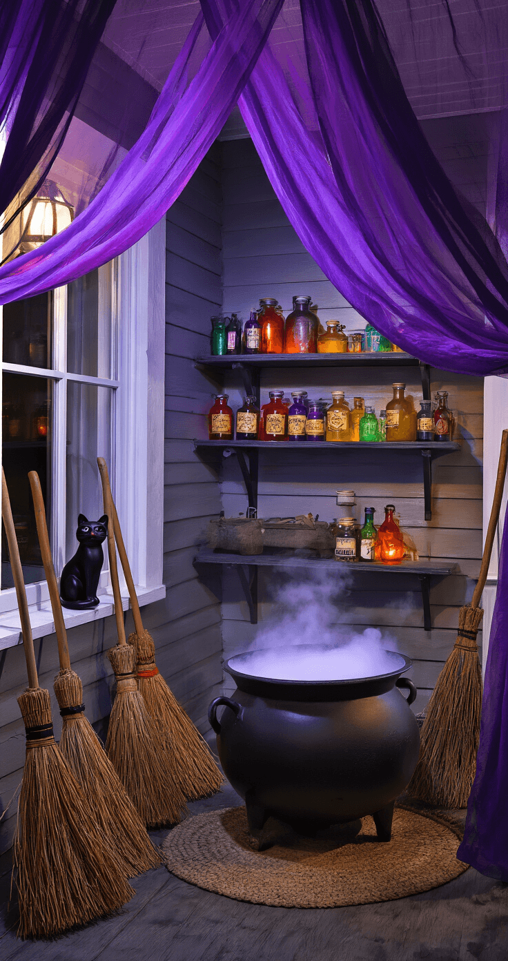 A cozy midnight porch styled as a witch's lair, featuring a bubbling iron cauldron surrounded by colorful potion bottles on shelves, leaning brooms against the wall, gauzy purple fabric draping from the ceiling, and a black cat figurine on the windowsill, all enhanced by smoke and colored lighting for a magical ambiance.