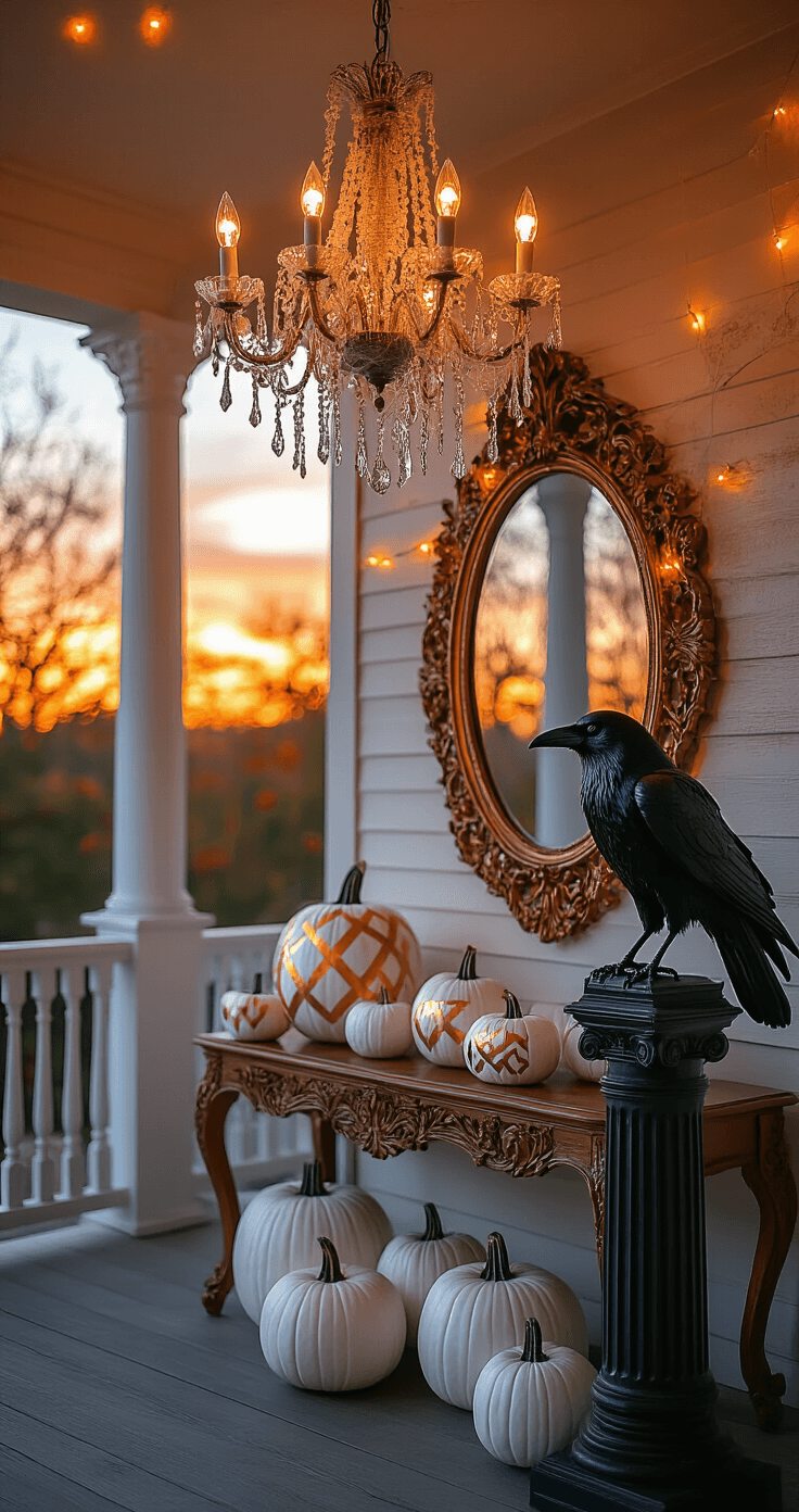 An elegant Halloween-themed veranda at sunset, featuring a crystal chandelier draped in cobwebs, oversized mirrors reflecting orange string lights, gold-painted white pumpkins on a vintage console table, and a large raven sculpture on a pedestal, all creating a moody, luxurious atmosphere.
