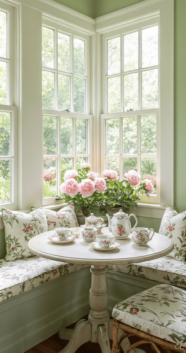 A cozy breakfast nook with a bay window seat adorned in botanical print cushions, surrounded by potted peonies. A rustic round table set for morning tea with vintage floral china, under pale green walls and white trim, as dawn light casts geometric shadows through the window mullions, capturing the serene garden view.