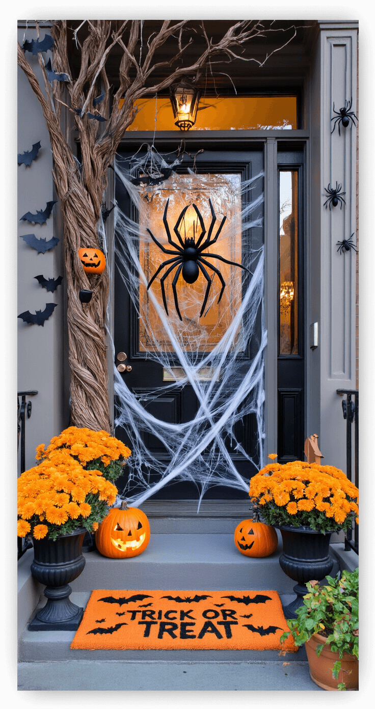 A narrow urban stoop decorated for Halloween at dawn, featuring a spooky tree with paper bats and mini jack-o'-lanterns, a front door draped in fake spider webs and a giant rubber spider, flanked by bright orange mums in black urns, and a colorful 'Trick or Treat' doormat, all casting long dramatic shadows in the early morning light.