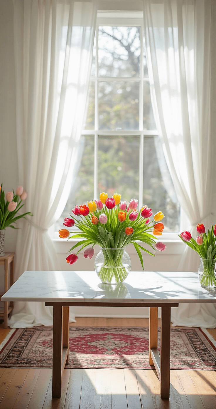 A bright home studio filled with morning light, showcasing a large white marble table adorned with a vibrant arrangement of multi-colored tulips in a clear glass vase, complemented by soft sheer curtains and a vintage Persian rug on natural wood floors.