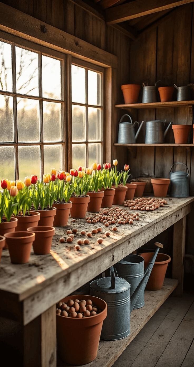 Interior of a rustic potting shed during golden hour, featuring weathered wood walls, a central workbench cluttered with terracotta pots and garden tools, and vintage metal watering cans on shelves, illuminated by warm light and dust particles.