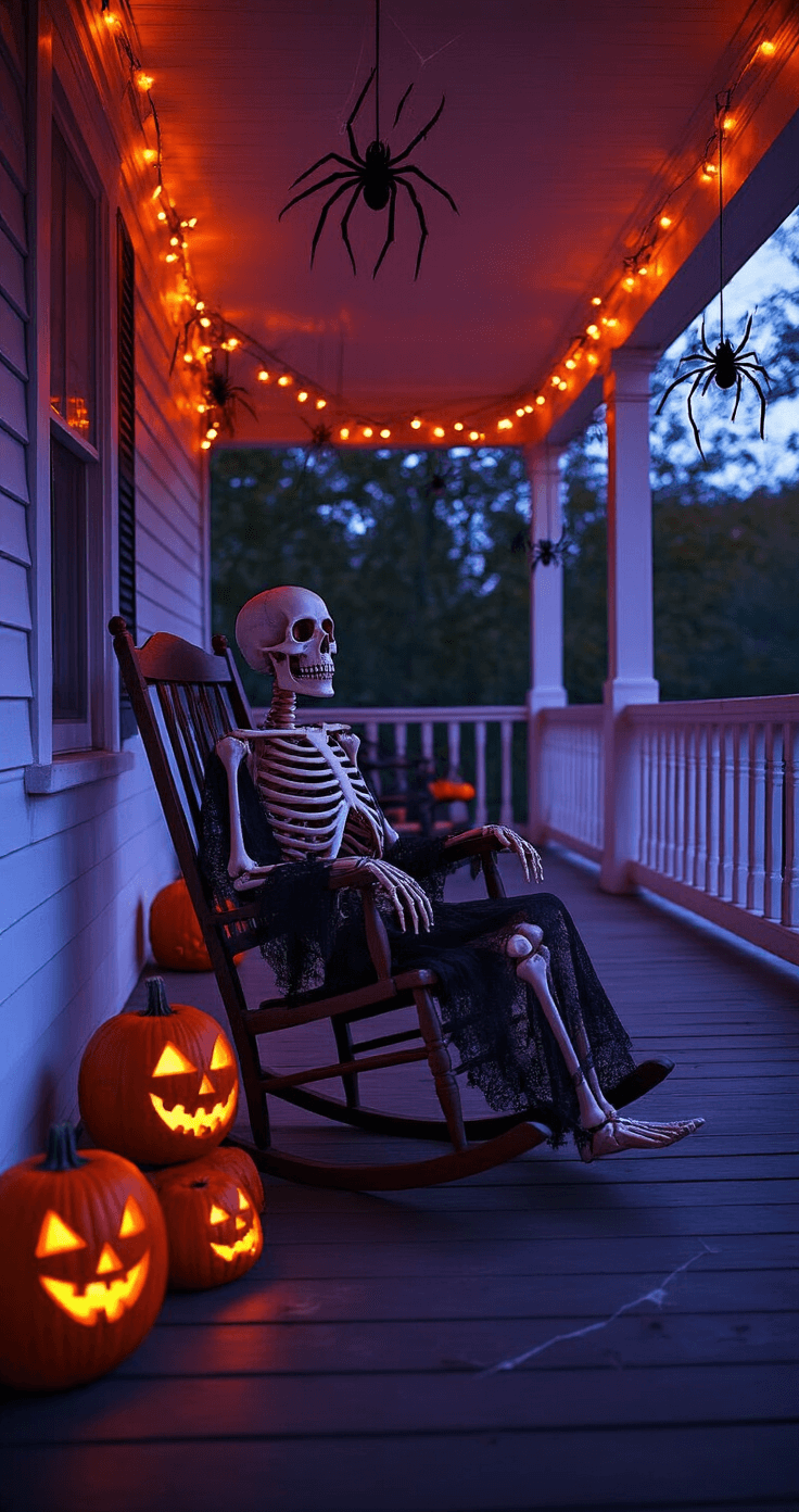 A dimly lit front porch features a life-size skeleton in an antique rocking chair, draped in tattered lace, surrounded by carved jack-o'-lanterns with flickering candles and oversized black spiders hanging from webs. The scene is illuminated by orange string lights and eerie purple uplighting, creating a spine-chilling atmosphere.