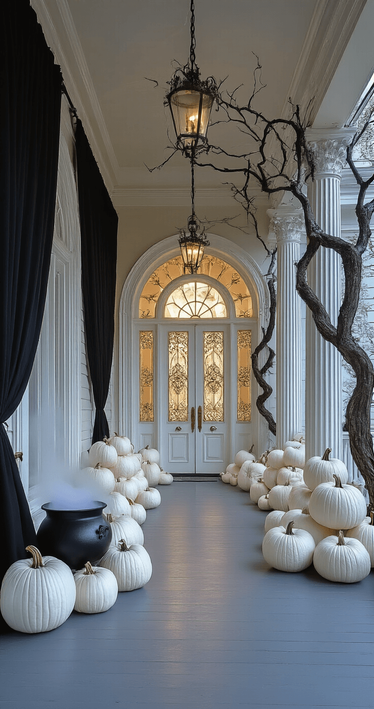 A spacious covered porch illuminated by cool blue moonlight, featuring towering white pumpkins with gold filigree at the entrance, sheer black curtains billowing, a bubbling wrought-iron cauldron with dry ice, and silver-spray-painted tree branches, creating an elegant haunted mansion atmosphere.
