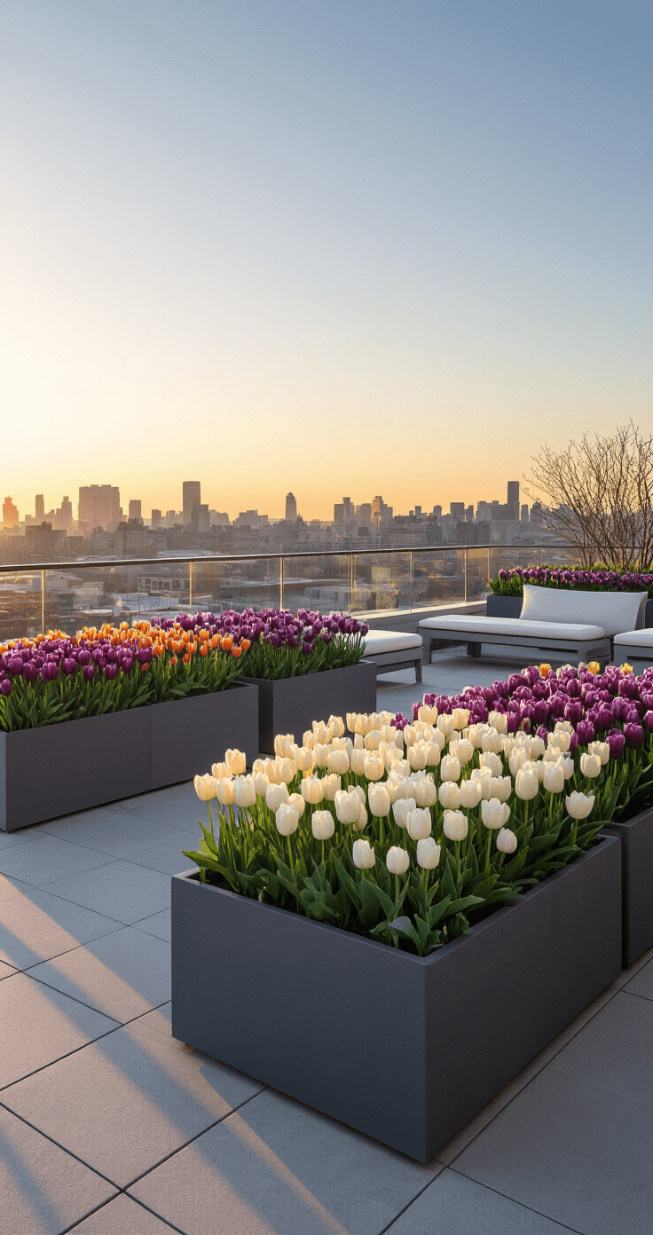 A contemporary rooftop garden at sunset featuring geometric gray planters filled with tulips in gradient colors from white to deep purple, a glass balustrade reflecting warm light, and minimal lounge furniture; urban skyline in soft focus in the background.
