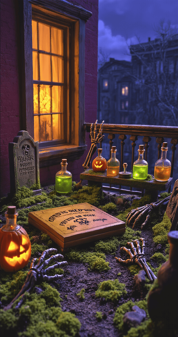 An intimate midnight balcony featuring a miniature graveyard with moss-covered tombstones and skeletal hands emerging from the earth. Potion bottles filled with glowing liquids line the railing, while a self-moving ouija board sits on a small table. Flickering candlelight from a jack-o'-lantern casts dynamic shadows, all enveloped in a mystical atmosphere of deep purple, acid green, and burnished copper tones, enhanced by warm amber lighting from inside.