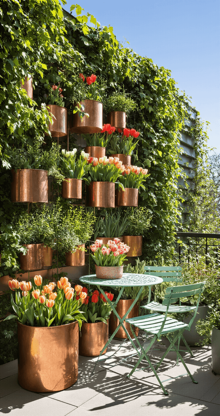 Sun-drenched urban balcony featuring a collection of copper and zinc containers of varying heights filled with tulip varieties, complemented by a mint green vintage bistro set and a vertical garden wall with climbing vines, captured in natural morning light against a blue sky.