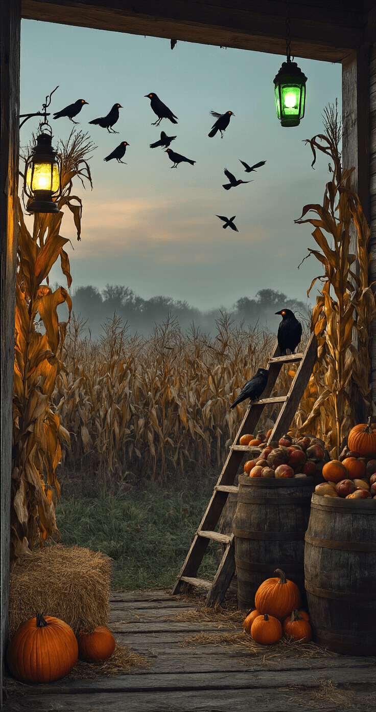 A low-angle shot of a rustic farmhouse porch at twilight, framed by corn stalks and hay bales. A dilapidated wooden ladder holds a murder of crows with glowing red eyes. Vintage lanterns cast a sickly green light, while weathered barrels overflow with gnarled gourds and withered apples. The scene is drenched in harvest gold, deep crimson, and charcoal gray hues, with long shadows evoking an unsettling rural folklore atmosphere.