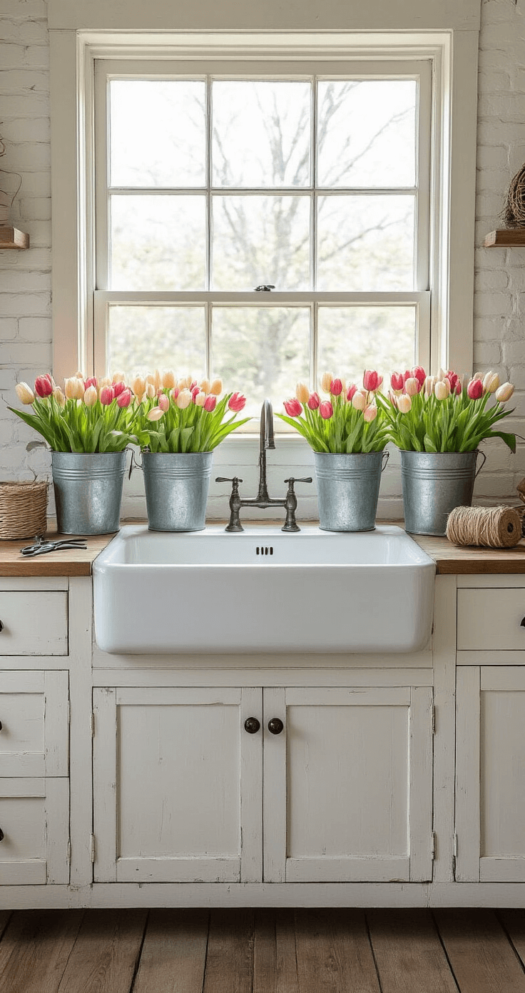 A cozy country-style garden room with white brick walls, featuring a large farmhouse sink under a window filled with freshly cut tulips, weathered zinc buckets on a reclaimed wood counter, vintage scissors, and garden twine, all illuminated by soft, diffused natural light.