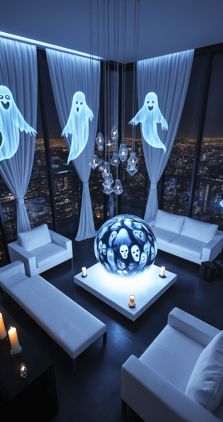 A high-angle shot of a modern urban terrace at midnight, featuring sleek white furniture against dark decor, an oversized crystal ball with ghostly faces, levitating candles, and holographic ghosts projected onto gauzy curtains, all illuminated by dramatic blue-toned spotlighting in a stark white, midnight blue, and silver color palette.