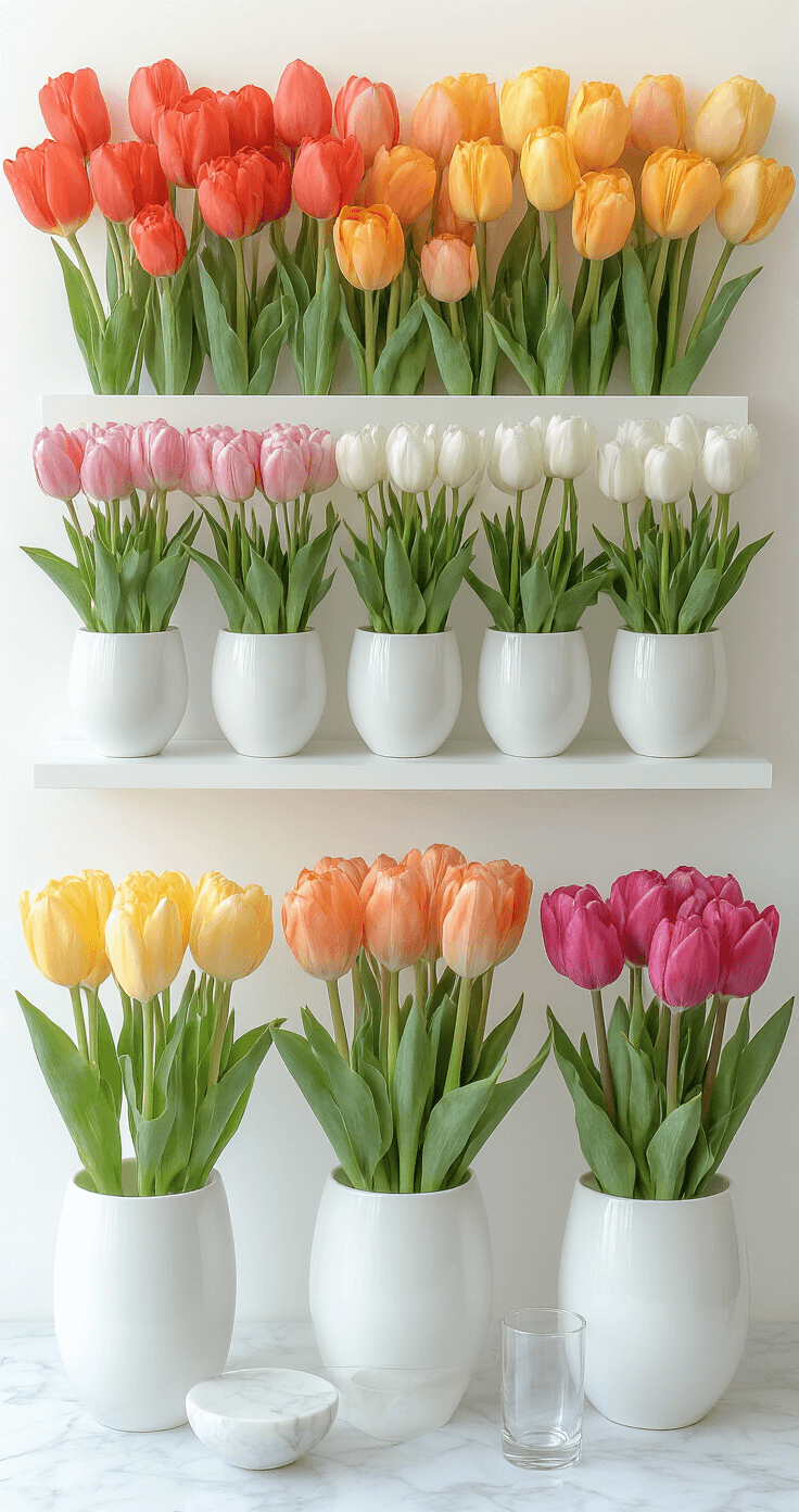 Flat-lay composition of color-coordinated tulip arrangements in modern white ceramic vases against a seamless white backdrop, featuring a gradient from warm to cool tones, complemented by minimalist props of clear glass and white marble surfaces, illuminated by controlled studio lighting.