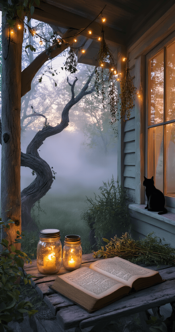 A cozy cottage porch at dawn, featuring soft, dreamlike mist curling around a twisted tree. Warm glow from fairy lights in mason jars illuminates the scene. An open spellbook flutters on a rickety table, while herbs hang drying from the rafters. A black cat watches from the windowsill, all in a muted color palette of lavender, sage green, and amber, creating an enchanted and slightly mysterious atmosphere.