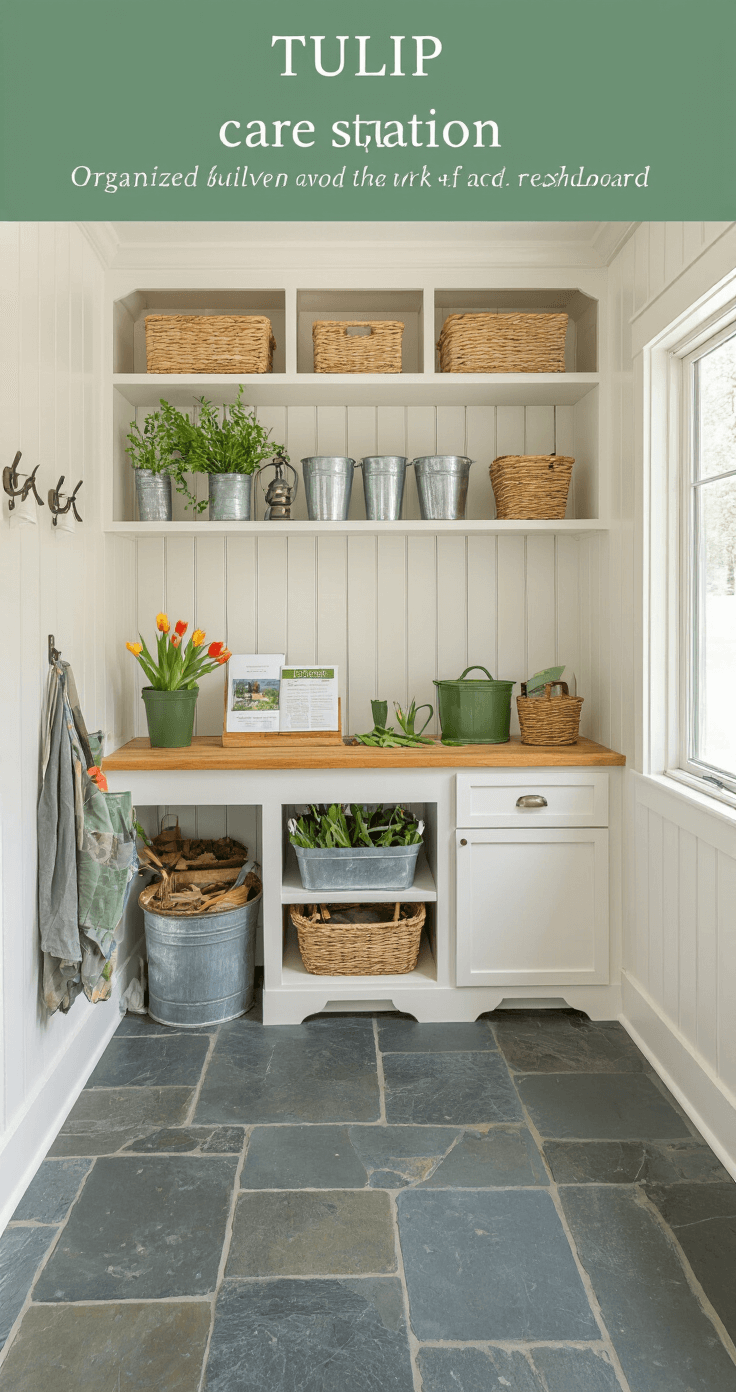 Organized 12x14ft mudroom with slate floors and warm white beadboard walls, featuring custom built-in shelving for garden supplies, a central potting bench with tulip care essentials, and galvanized metal accents, all captured in bright, even lighting.