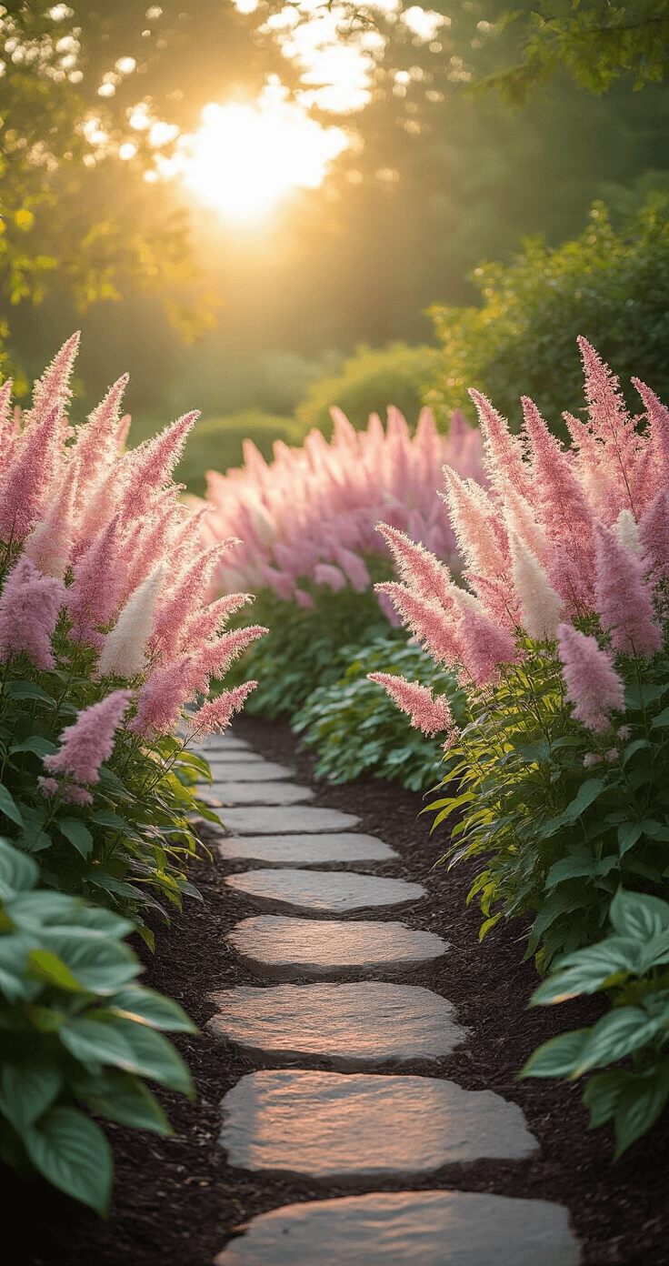 A partially shaded garden border featuring ethereal pink and white Astilbe plumes, variegated hostas, and a natural stone pathway, captured at golden hour with soft, diffused lighting for a romantic, dreamy effect.