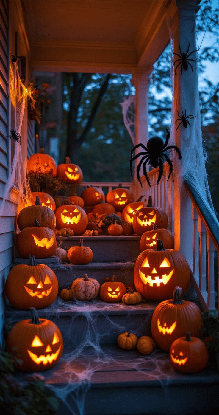 A dimly lit porch adorned with a variety of glowing jack-o'-lanterns and decorated pumpkins, with spider webs and plastic spiders creating a festive yet eerie atmosphere.
