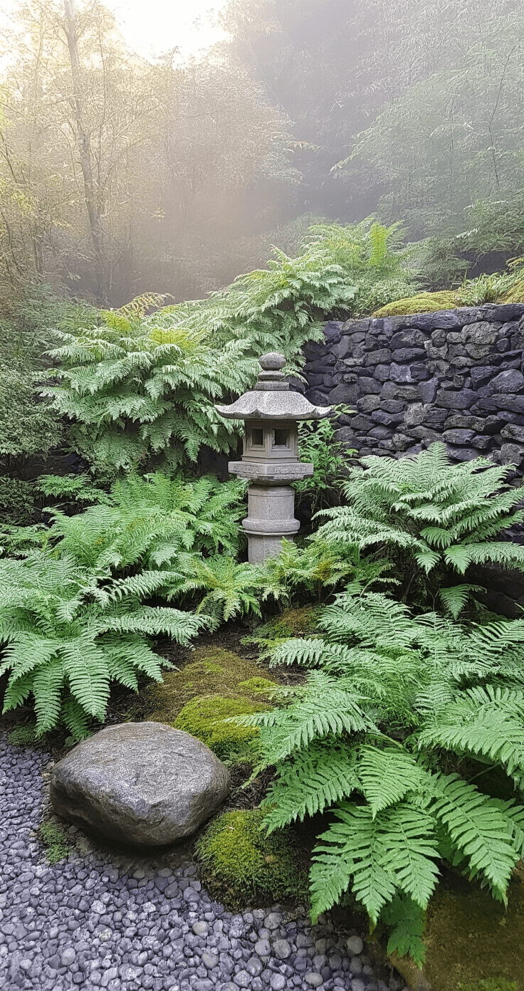 A tranquil Japanese garden corner at dawn featuring silver-frosted Japanese Painted Ferns against a dark stone wall, with a traditional granite lantern as the focal point, moss-covered rocks, and varying fern heights creating a serene atmosphere.