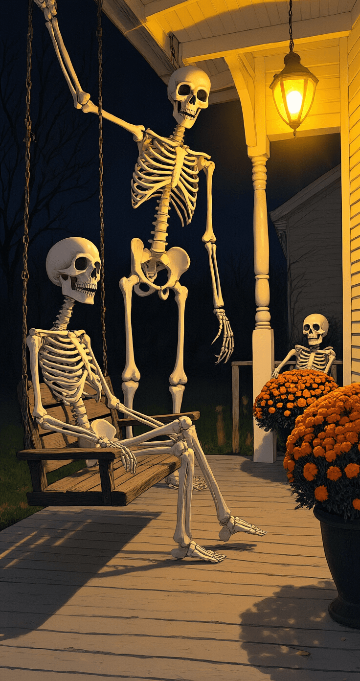 A whimsical night scene on a covered porch featuring playful skeleton figures: one lounges on a vintage swing, another peeks from behind a potted mum, and a towering 12-foot skeleton looms with a hand resting on the roof. The warm yellow light casts eerie shadows, complemented by a black and white color palette with touches of autumn orange, creating a humorous yet spooky atmosphere.