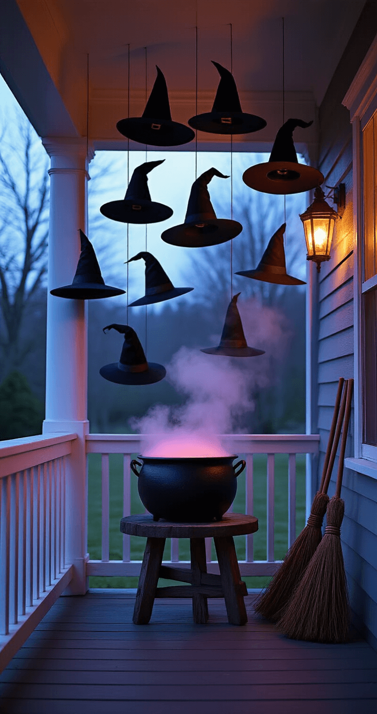 A mystical porch corner at twilight featuring floating black witch hats, a fog-emitting cauldron, and brooms arranged against the wall, illuminated by amber uplighting, with deep purples and blacks creating an enchanting atmosphere.