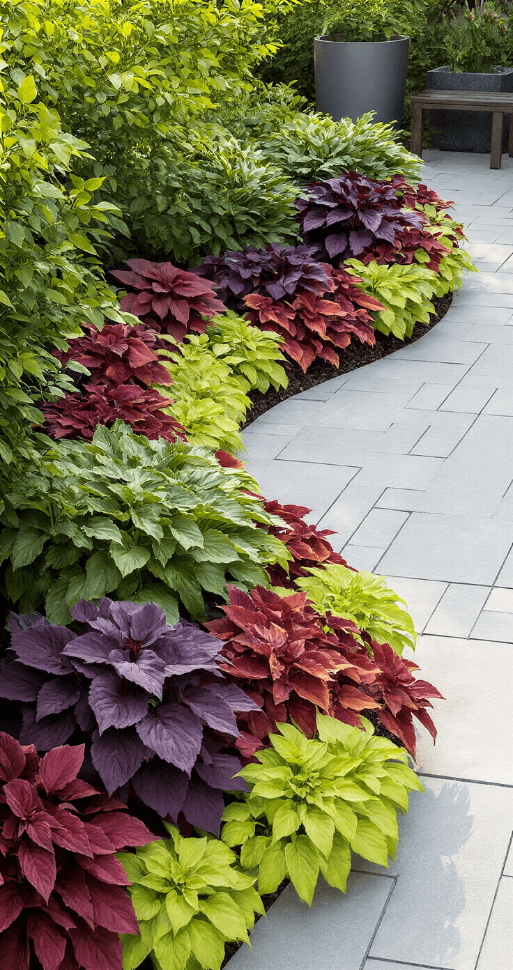 Aerial view of a modern urban garden border featuring a sweeping curve of Heuchera varieties in bold colors. Clean geometric pavers and sleek metal planters accentuate the foliage, all illuminated in dappled afternoon light to highlight the vibrant leaf color contrast.