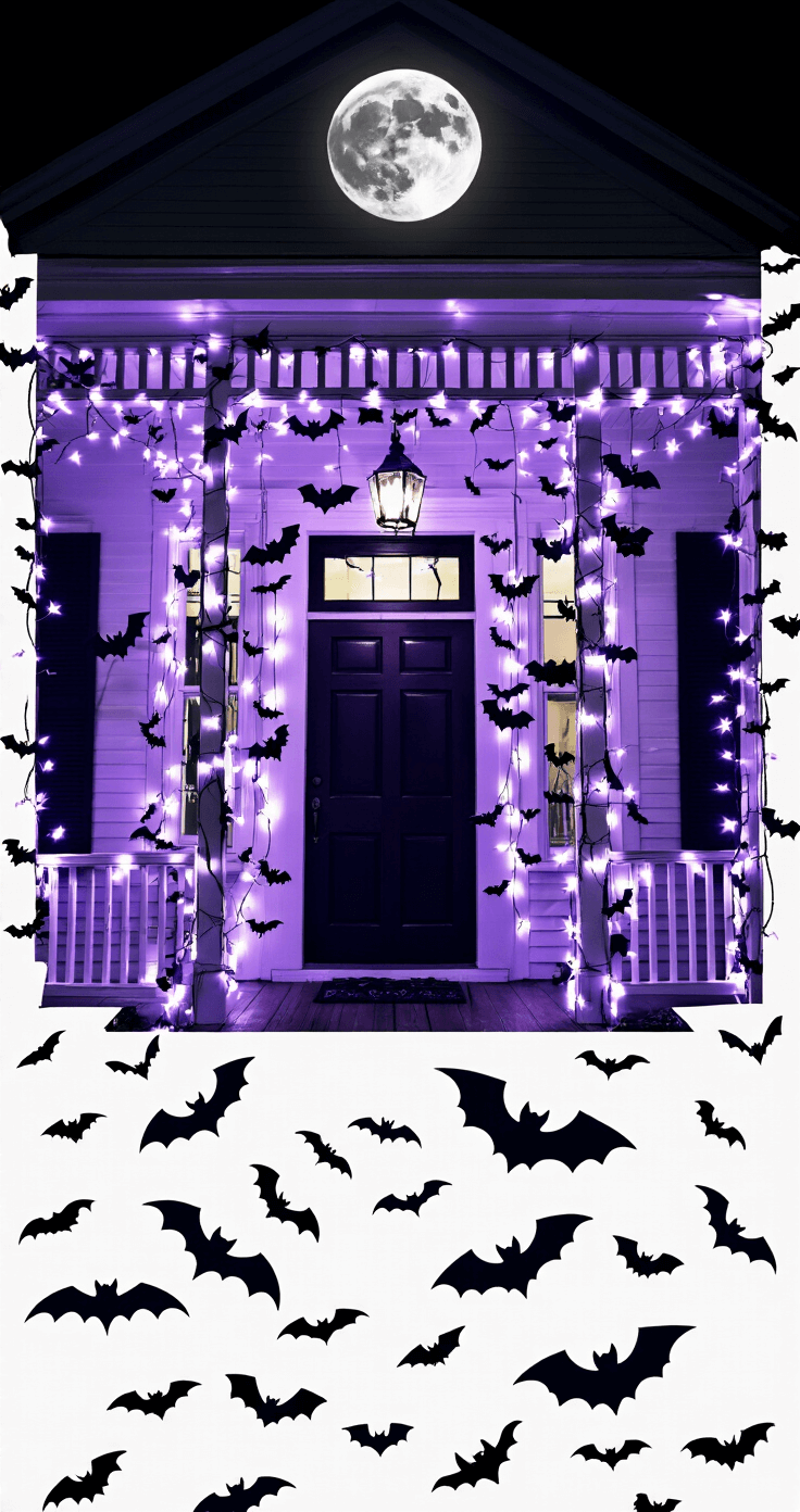 A night scene of a 20x10 foot porch facade adorned with dozens of paper bats swarming across the walls and door frame, illuminated by bat-shaped string lights glowing softly in purple. A full moon provides backlighting, creating a spooky yet whimsical atmosphere with a color scheme of black and purple.