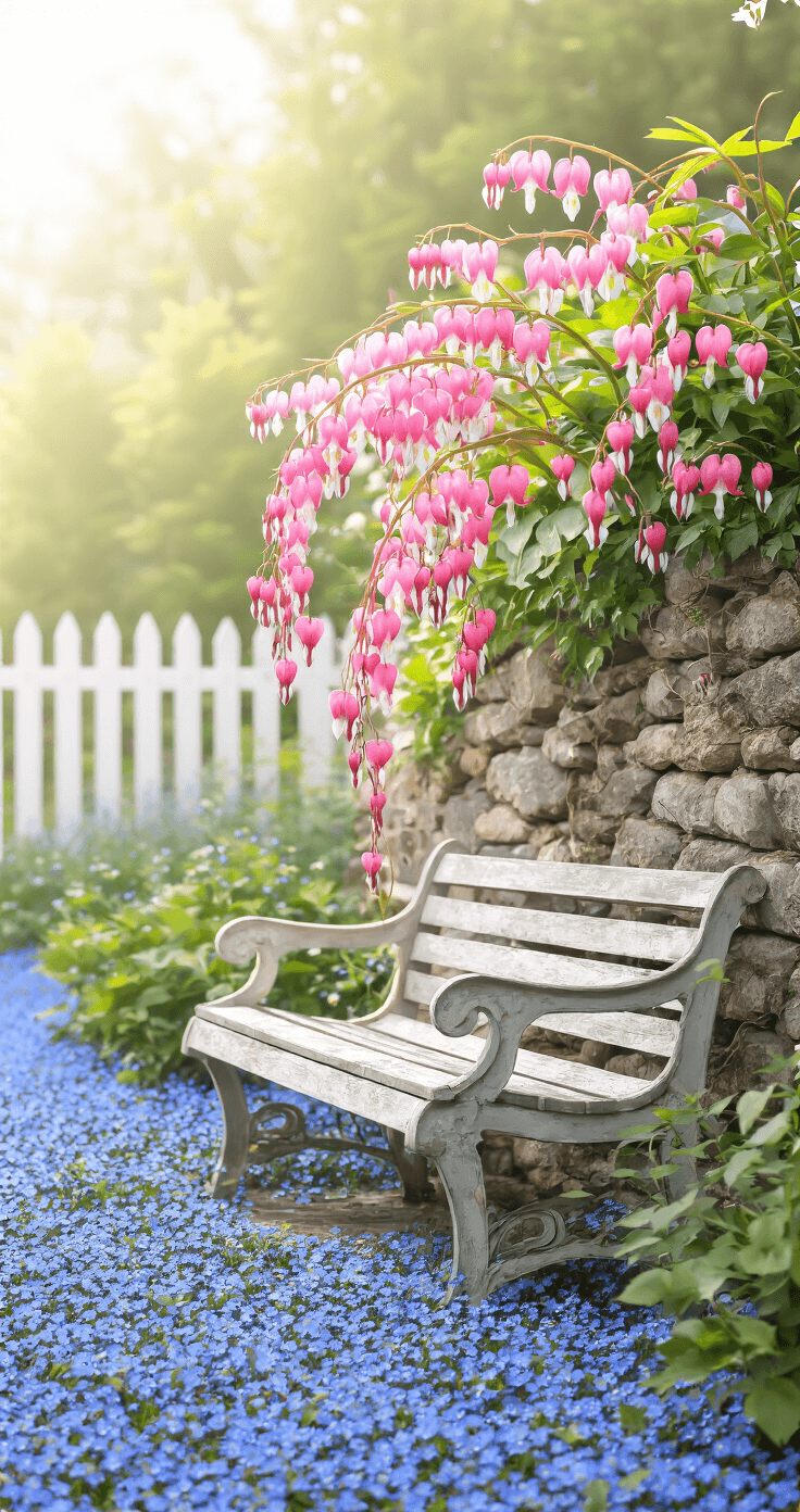 A romantic cottage garden scene featuring cascading pink Bleeding Hearts over a vintage stone wall, complemented by blue forget-me-nots in the foreground and a weathered garden bench, with a white picket fence in the background, captured in soft morning light.
