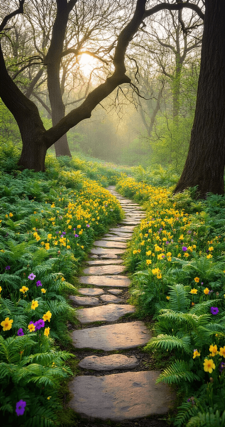 A meandering woodland path lined with clusters of jewel-toned primroses in yellow, purple, and pink, with unfurling ferns and ancient oak trees creating a dappled light effect, captured in soft, filtered morning light.
