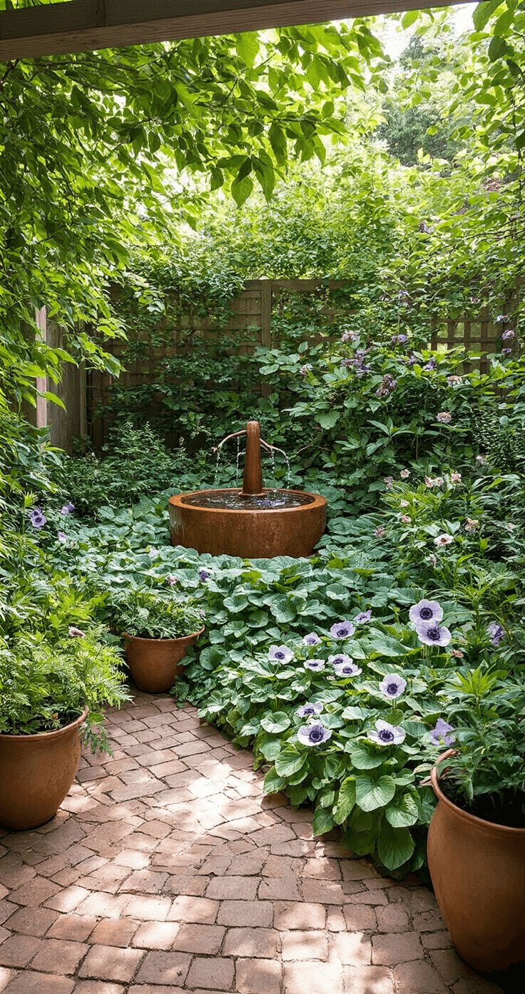 A serene urban shade garden featuring layered plantings of Lungwort, Epimedium, and Japanese Anemone, with a central copper water feature and weathered terracotta containers. A winding brick pathway leads through the garden, illuminated by diffused midday light filtering through a pergola, casting soft shadows.