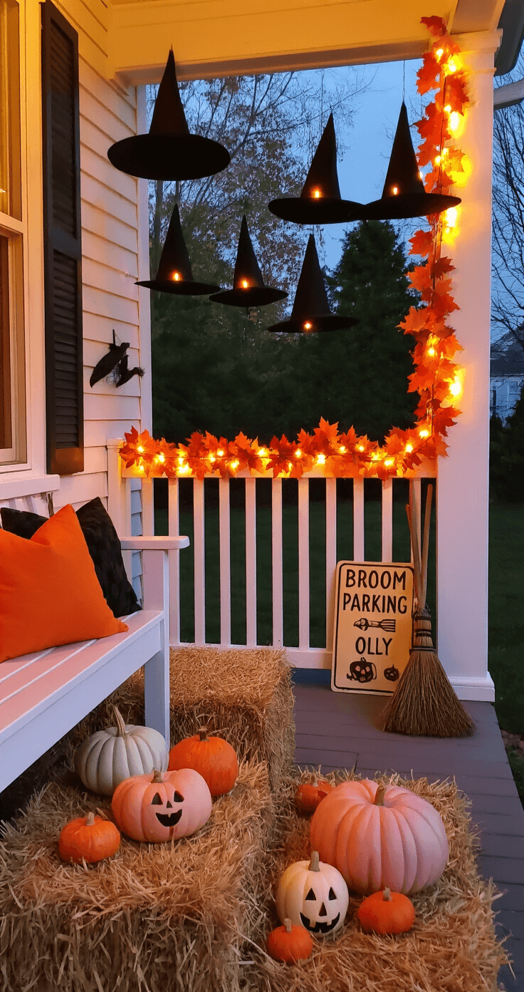 A cozy twilight front porch adorned with faux autumn leaves, featuring pastel-painted pumpkins, a rustic wooden bench with pillows, floating witch hats with glowing candles, and a whimsical 'Broom Parking Only' sign.