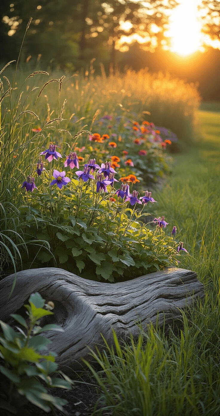 A naturalistic border featuring Columbine and Hardy Geraniums in informal drifts, with native grasses swaying, a large weathered log as a focal point, and a wildlife-friendly water dish nestled among the plants, all bathed in golden hour backlighting that highlights flower silhouettes. The scene is captured from ground level, emphasizing a wild and natural mood.