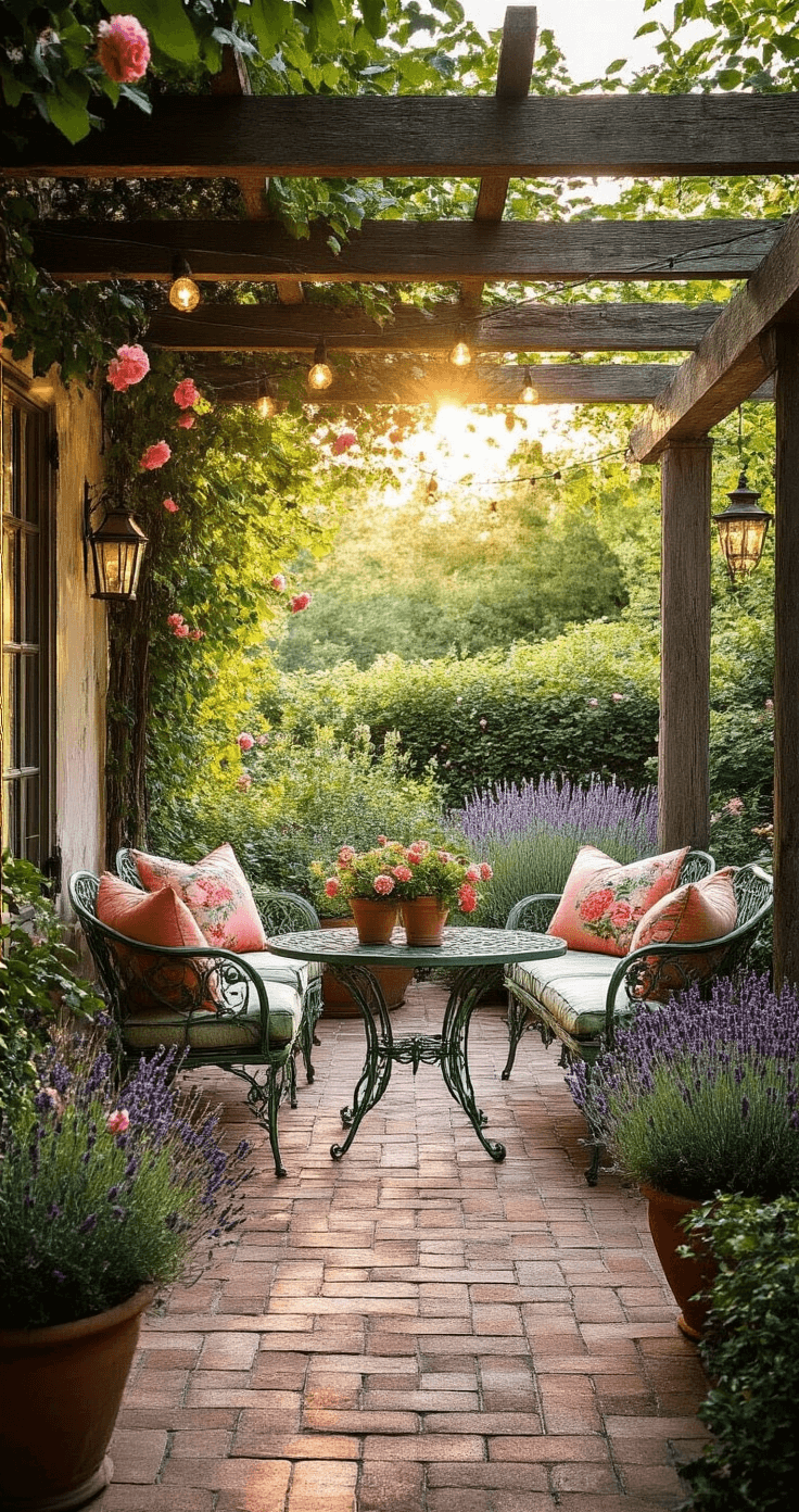 A sunlit cottage patio with a wrought-iron bistro set surrounded by climbing roses, terracotta pots overflowing with lavender and geraniums, and warm brick pavers, enhanced by string lights and vintage lanterns.