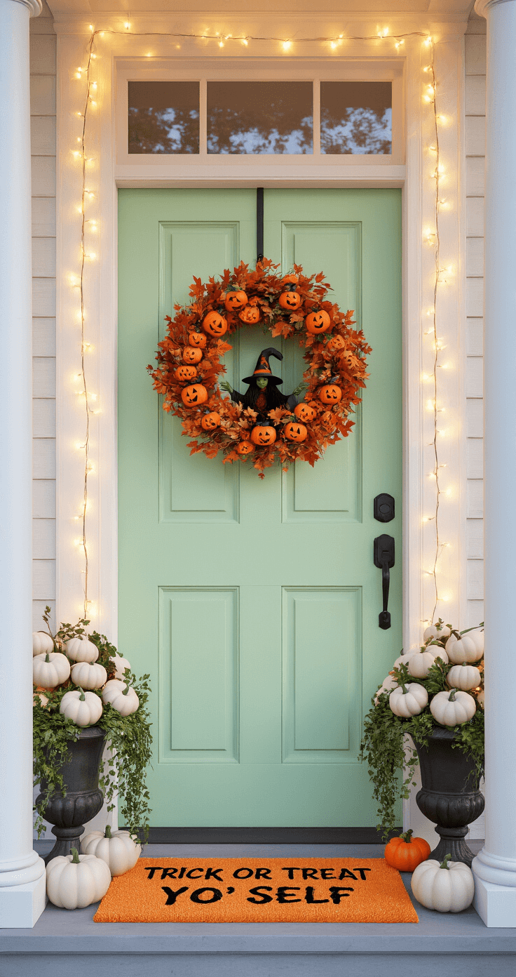 An inviting entryway featuring a mint green door adorned with a wreath of mini jack-o'-lanterns and faux fall foliage, complemented by a playful witch figurine. A vibrant orange doormat reads 'Trick or Treat Yo' Self.' White columns wrapped in twinkling fairy lights frame the door, with large urns of white pumpkins and cascading ivy on either side, all captured in soft morning light.