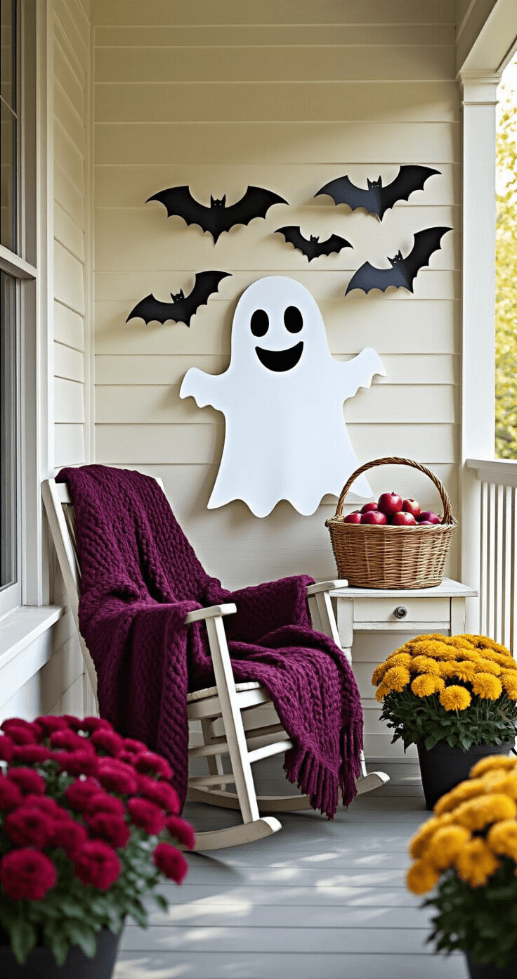 A cozy porch corner at midday featuring a vintage rocking chair with a deep plum knit blanket, a distressed white side table with a basket of red apples, flying paper bats, a smiling ghost cutout, and vibrant potted mums in burgundy and golden yellow.
