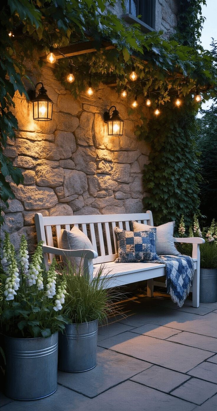 Cozy twilight scene of a 10'x10' cottage patio nook featuring a distressed white wooden bench against a stone wall with ivy, soft uplighting, market lights overhead, and mixed-height zinc planters with foxgloves and wild grasses. A vintage quilted throw in muted blues rests on the bench.