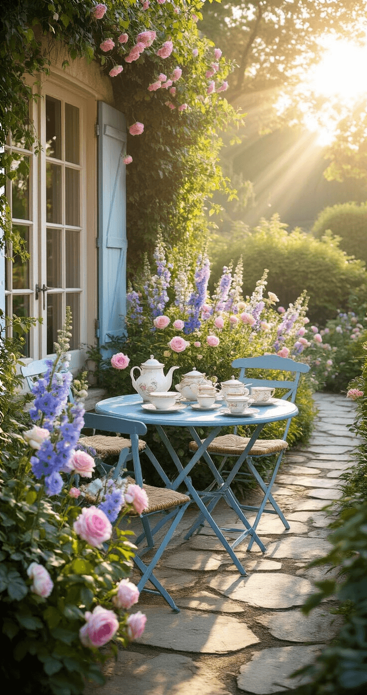 A cozy cottage patio breakfast scene with a weathered blue French bistro table set with vintage china, surrounded by vibrant delphiniums and roses in pastel colors, illuminated by golden morning light.