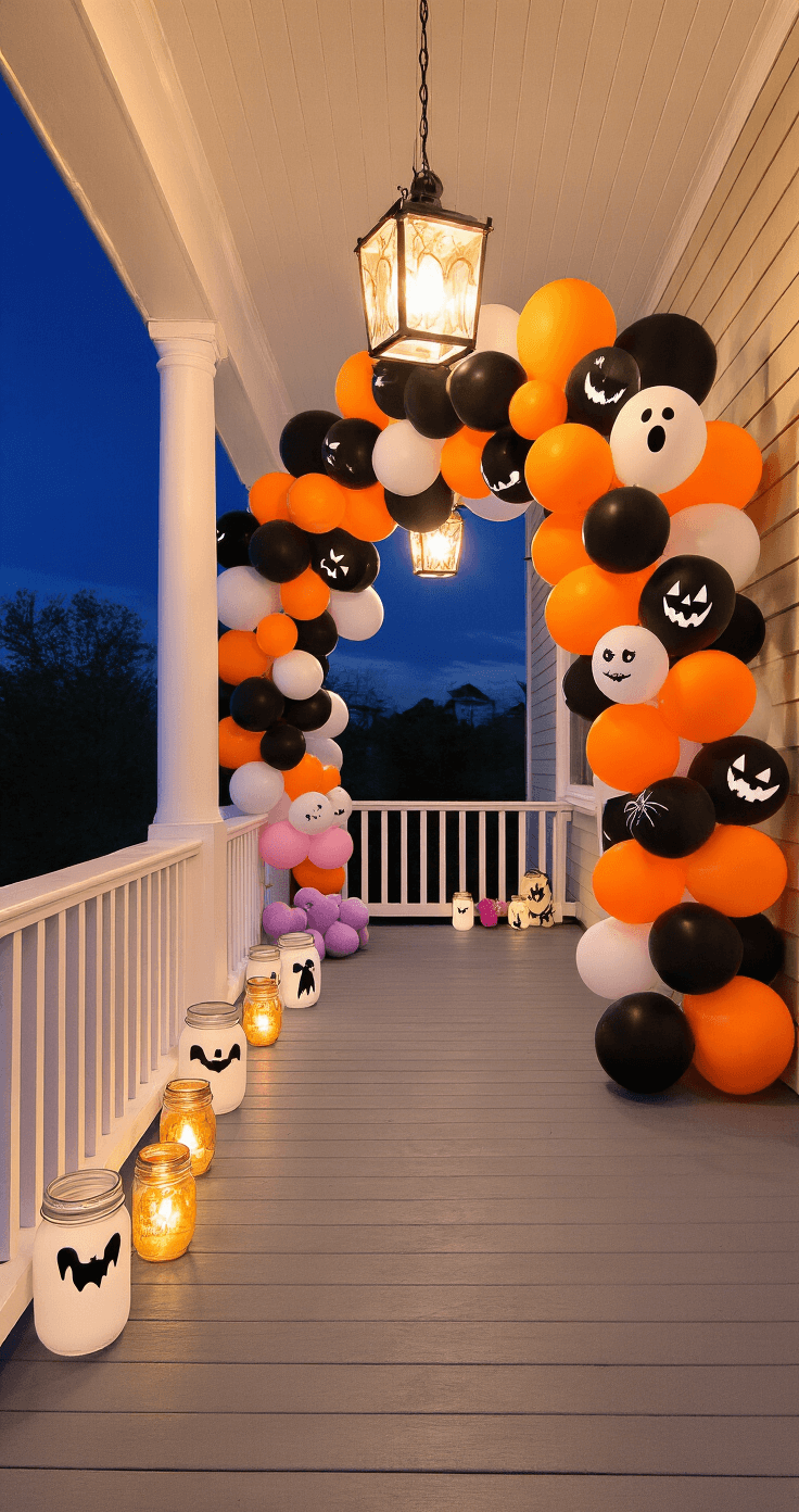 A cozy nighttime scene of a wrap-around porch adorned with mason jars featuring hand-drawn ghost faces, glowing with LED tea lights. A colorful balloon arch in orange, black, and white, decorated with cute bat and ghost designs, frames the entrance. Amber bulb lanterns enhance the warm ambiance, while plush spider decorations in pastel pink and lavender add a whimsical touch. The camera captures the full length of the porch with an upward angle showcasing the balloon arch against the dark sky.