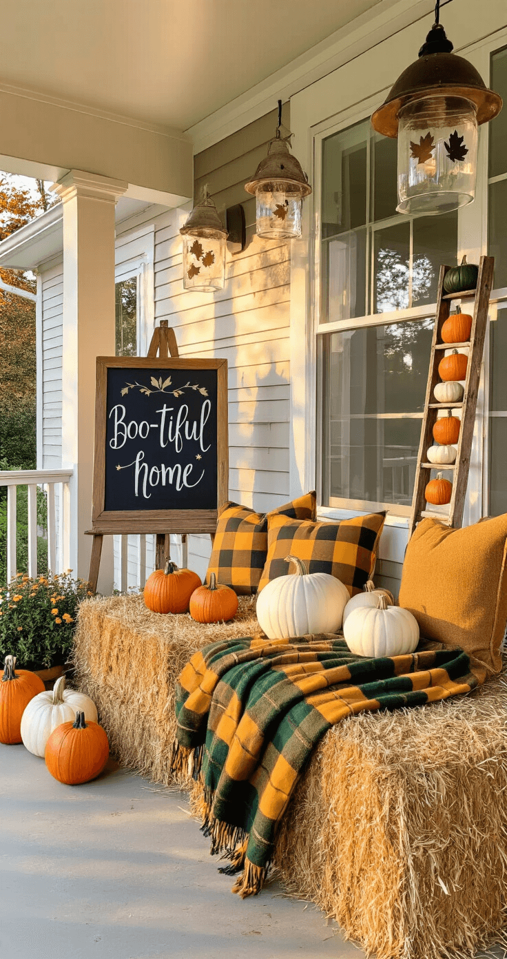 A rustic farmhouse-style porch adorned with hay bales for seating, cozy plaid blankets, a cascading display of white and orange pumpkins, and a chalkboard easel reading 'Boo-tiful Home', all illuminated by warm golden hour light. Mason jar luminaries hang from the ceiling, casting dappled shadows, while a vintage ladder displays various sizes of pumpkins against a textured wall.