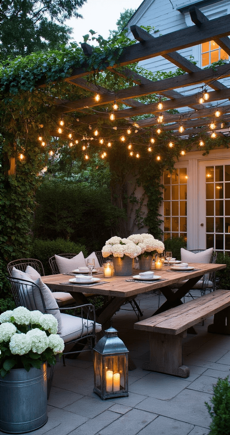 A cozy dusk scene of a cottage patio features a reclaimed farmhouse table beneath bistro lights, surrounded by vintage metal chairs and wooden benches with natural linen cushions. Galvanized containers filled with white hydrangeas and trailing ivy adorn the space, while candlelit hurricane lanterns cast warm light, captured from an elevated angle.