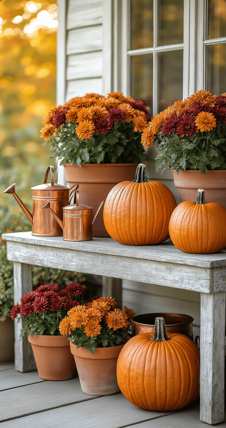 Autumn-themed patio vignette featuring a weathered potting bench adorned with heirloom pumpkins, copper watering cans, and terracotta pots of burnt orange and deep burgundy chrysanthemums; dried hydrangeas hang from rustic twine, all illuminated by warm afternoon light.
