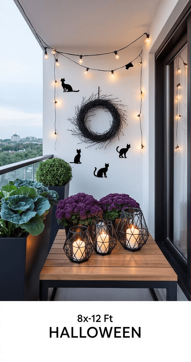 A stylish urban balcony decorated for Halloween with black planters, a minimalist wreath, geometric lanterns, black cat cutouts on a white wall, and overhead string lights, set against the backdrop of city lights at dusk.