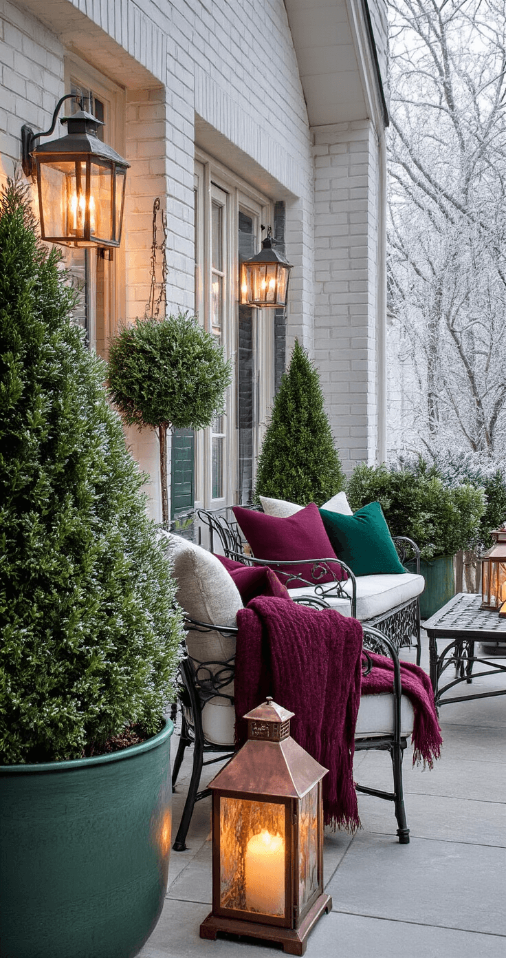 A cozy winter cottage patio with whitewashed brick walls, evergreen topiaries in aged lead planters, wrought iron furniture adorned with deep forest green and burgundy wool throws, and vintage copper lanterns casting a warm glow amidst frost-touched greenery, captured during blue hour.