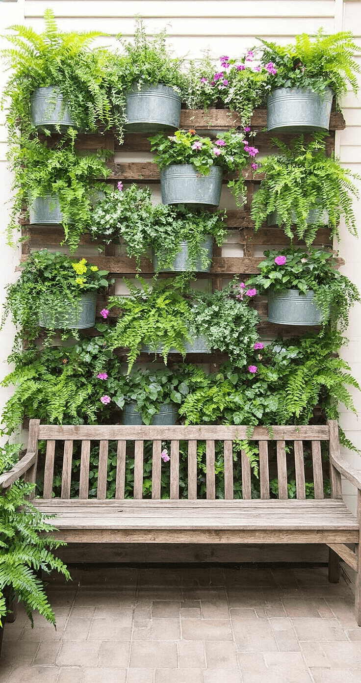 Vertical garden wall installation on a cottage patio featuring a reclaimed wooden ladder with cascading plants in vintage zinc pots, a rustic wooden bench below, all bathed in natural morning light.