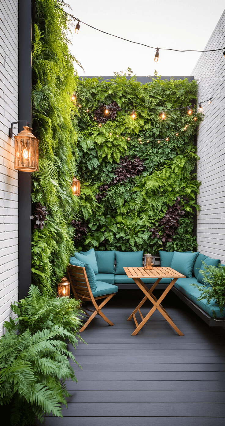 A contemporary courtyard garden featuring a lush vertical garden on the left wall, modern charcoal composite decking, a foldable teak bistro set with azure cushions, and copper lanterns, all illuminated by late afternoon golden hour light.
