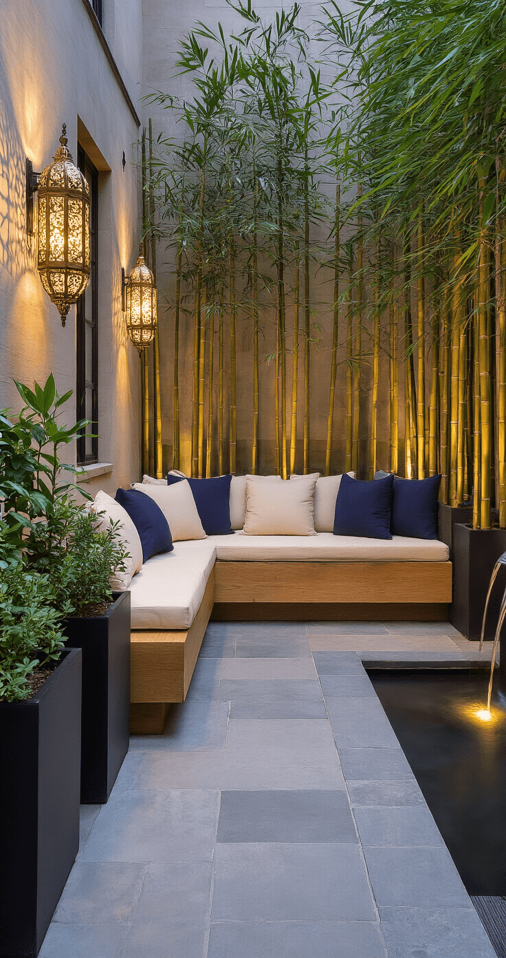 Intimate 6x8ft courtyard at dusk featuring warm grey stone paving, an L-shaped wooden bench with cream cushions, tall bamboo plants in black planters for privacy, intricate shadows from Moroccan-style brass lanterns, a small water feature, and a neutral palette accented by deep indigo textiles.