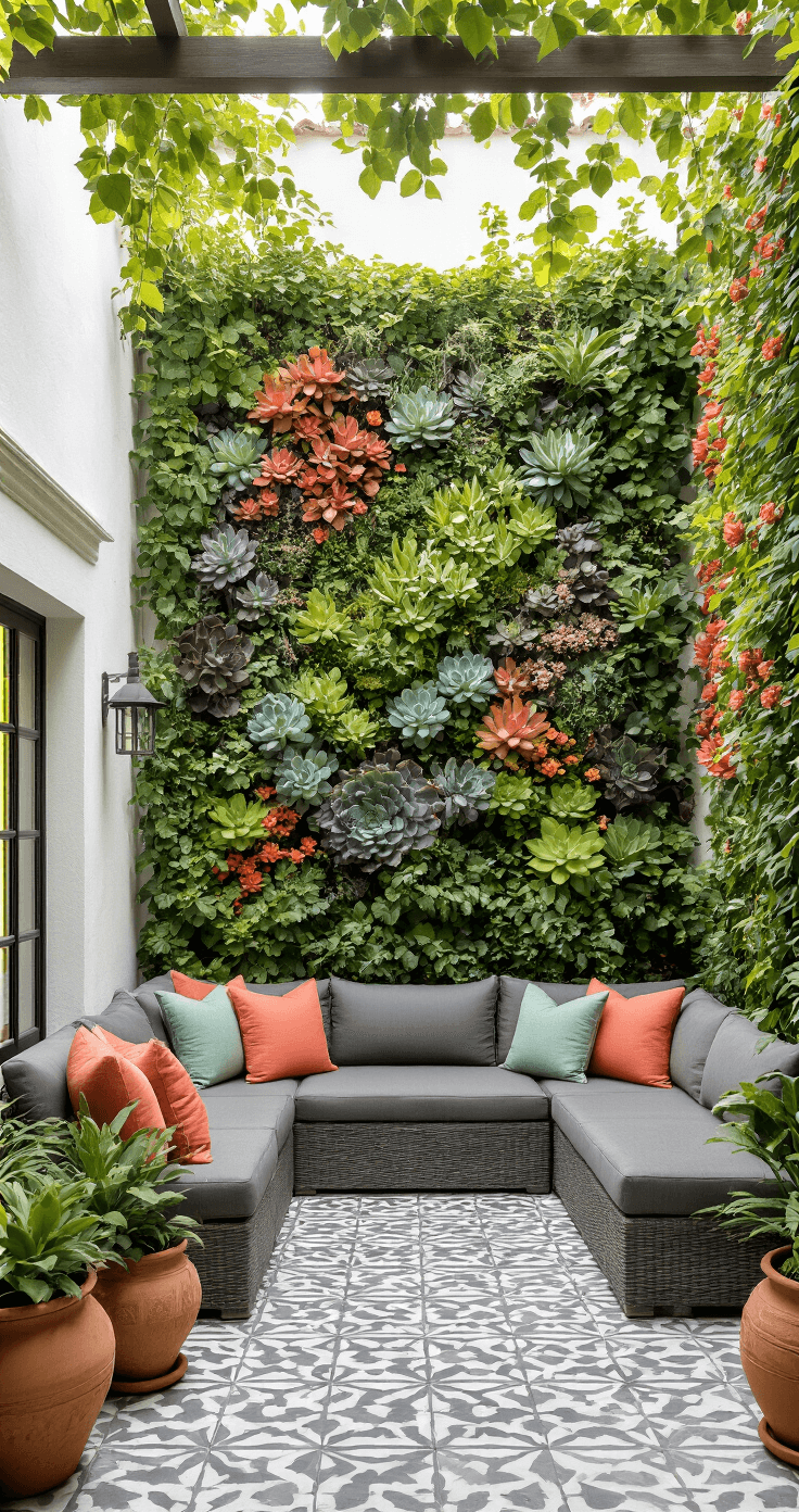 Eye-level view of a sunlit Mediterranean courtyard with whitewashed walls, a colorful living wall of succulents, geometric grey and white cement tiles, charcoal lounge seating with coral and sage pillows, vintage terracotta pots, and dappled light filtering through a pergola.